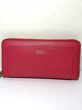 Coach Accordion Zip Around Long Wallet Crossgrain Leather Pink Gold Hardware